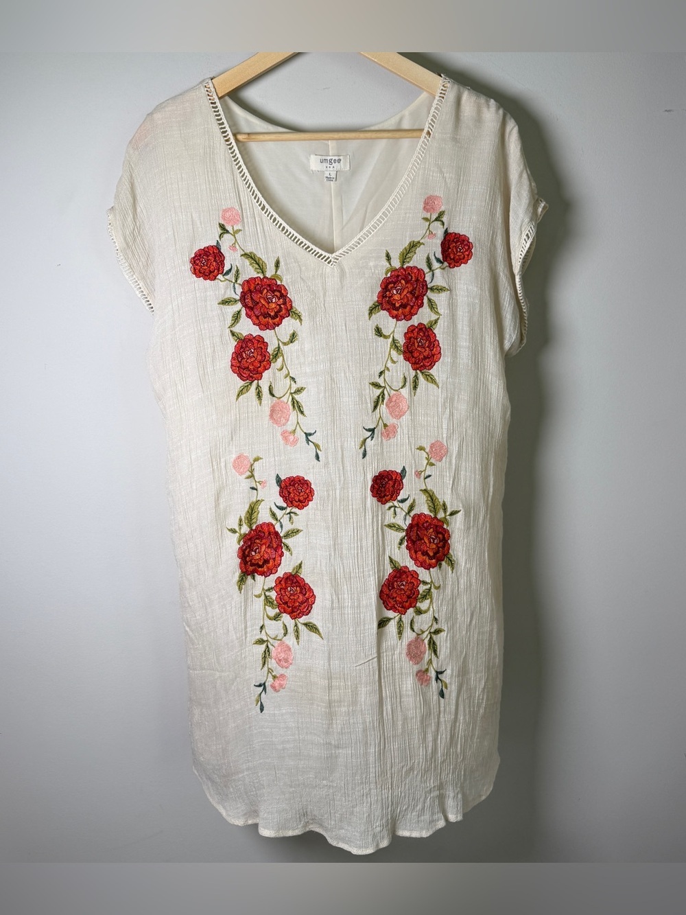 Umgee USA CottagecoreBoho Garden Floral Embroidered Cream Shift Dress Size L